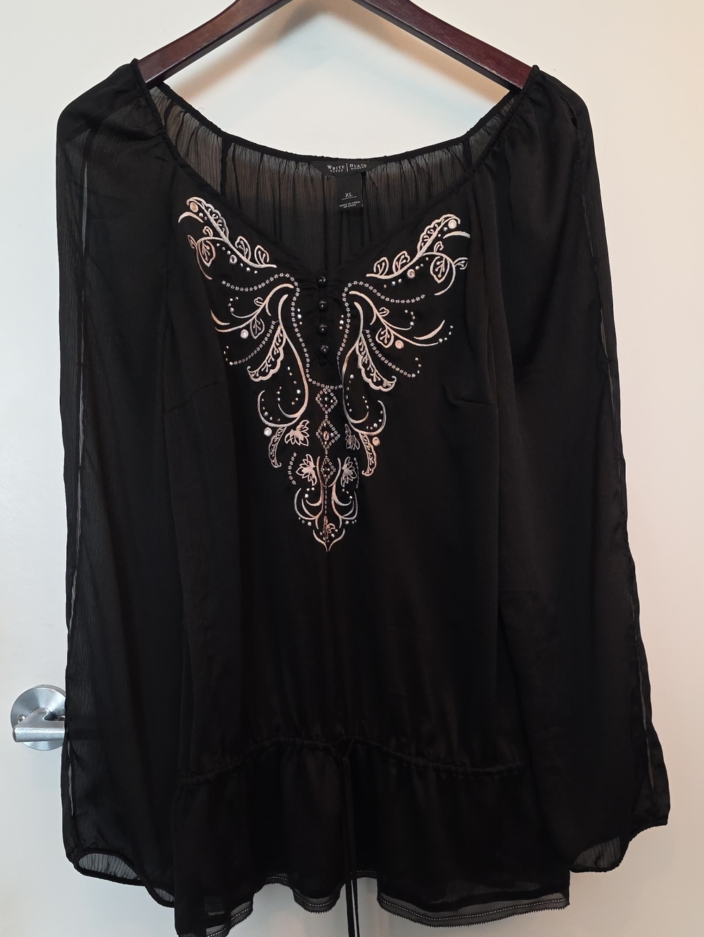 White House Black Market Black Tunic with Ivory Embroidered Yoke
